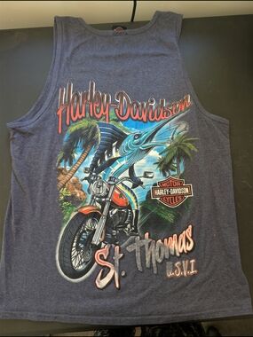 XL, Harley-Davidson St. Thomas Graphic Tank Top - Navy Gray with Orange Accents
